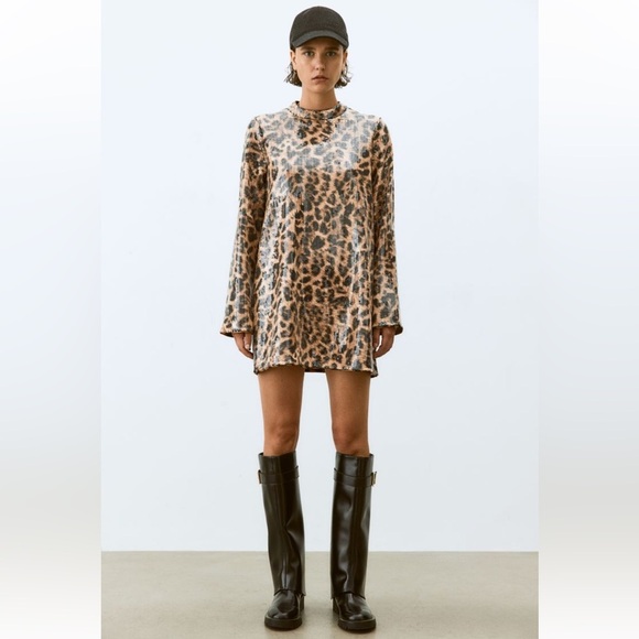 H&M SEQUINED A-LINE DRESS LEOPARD ANIMAL PRINT NWT SIZE S - Picture 3 of 12